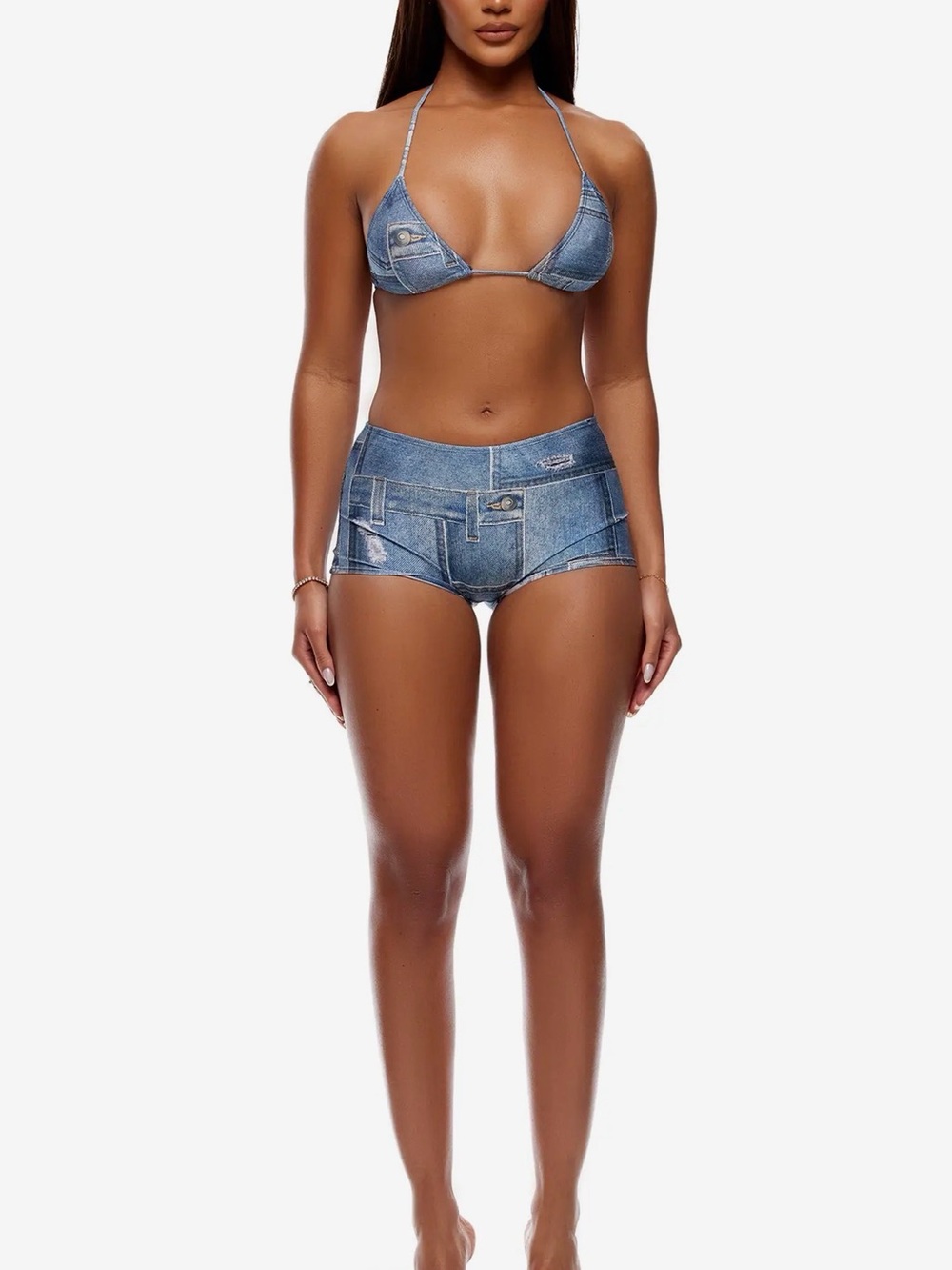 Denim-Print Blue Triangle Bikini Top & low Rise Shorts